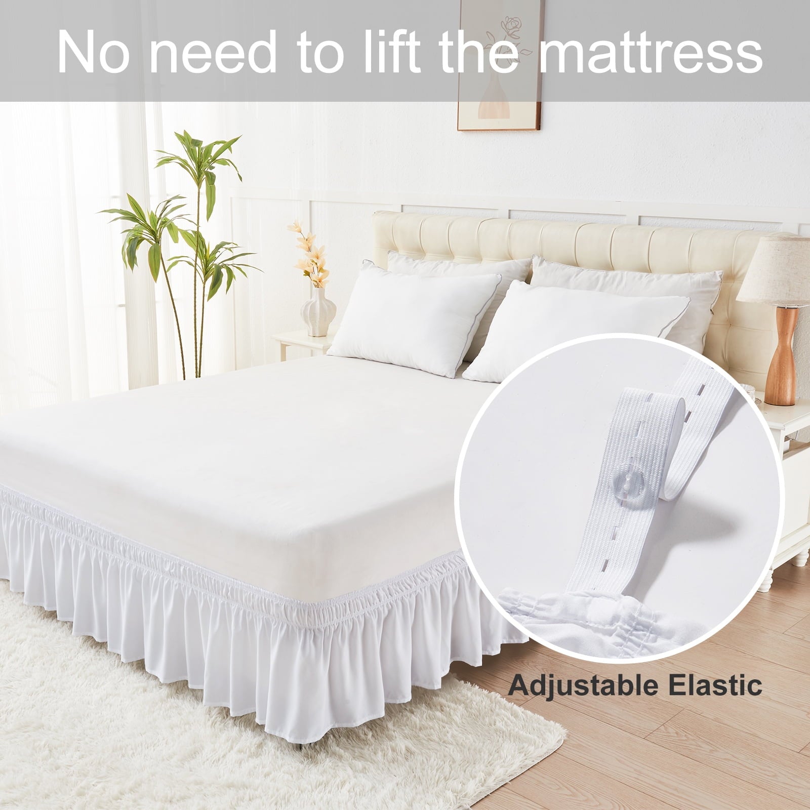 U-NICE HOME Queen 14" Drop Wrap Around Bed Skirt - Elastic Pleated Wrinkle Resistant, White