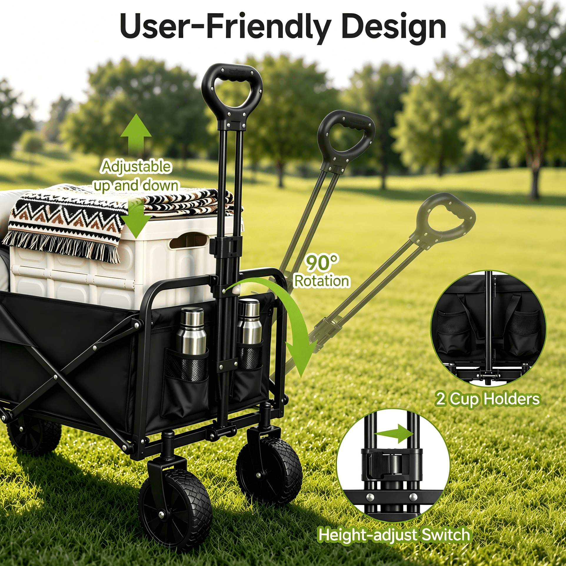 ANSFIL Collapsible Wagon with All-Terrain Wheels, Folding Utility Heavy Duty Wagons for Sports, Shopping, Camping, Grocery, Black