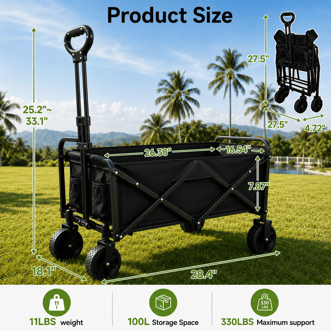 ANSFIL Collapsible Wagon with All-Terrain Wheels, Folding Utility Heavy Duty Wagons for Sports, Shopping, Camping, Grocery, Black