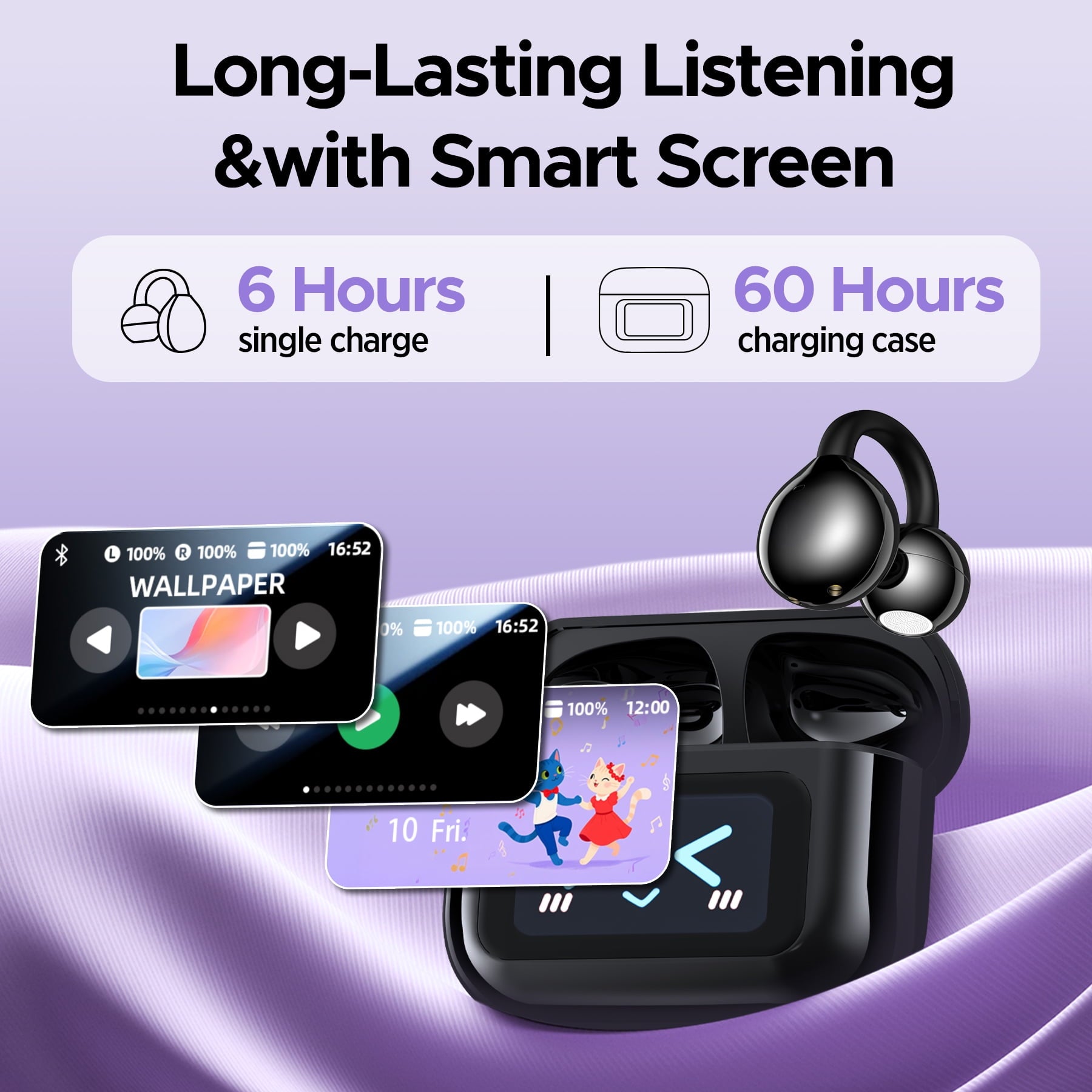 STA Open Ear Clip-On Earbuds, LCD Touch Screen,Bluetooth 5.4 Sports Earphones,ENC Call Noise Cancelling Earphones with Mic,Ear Clip Earbuds,Bass Boost,IPX7 Waterproof,60H Playtime,Lightweight