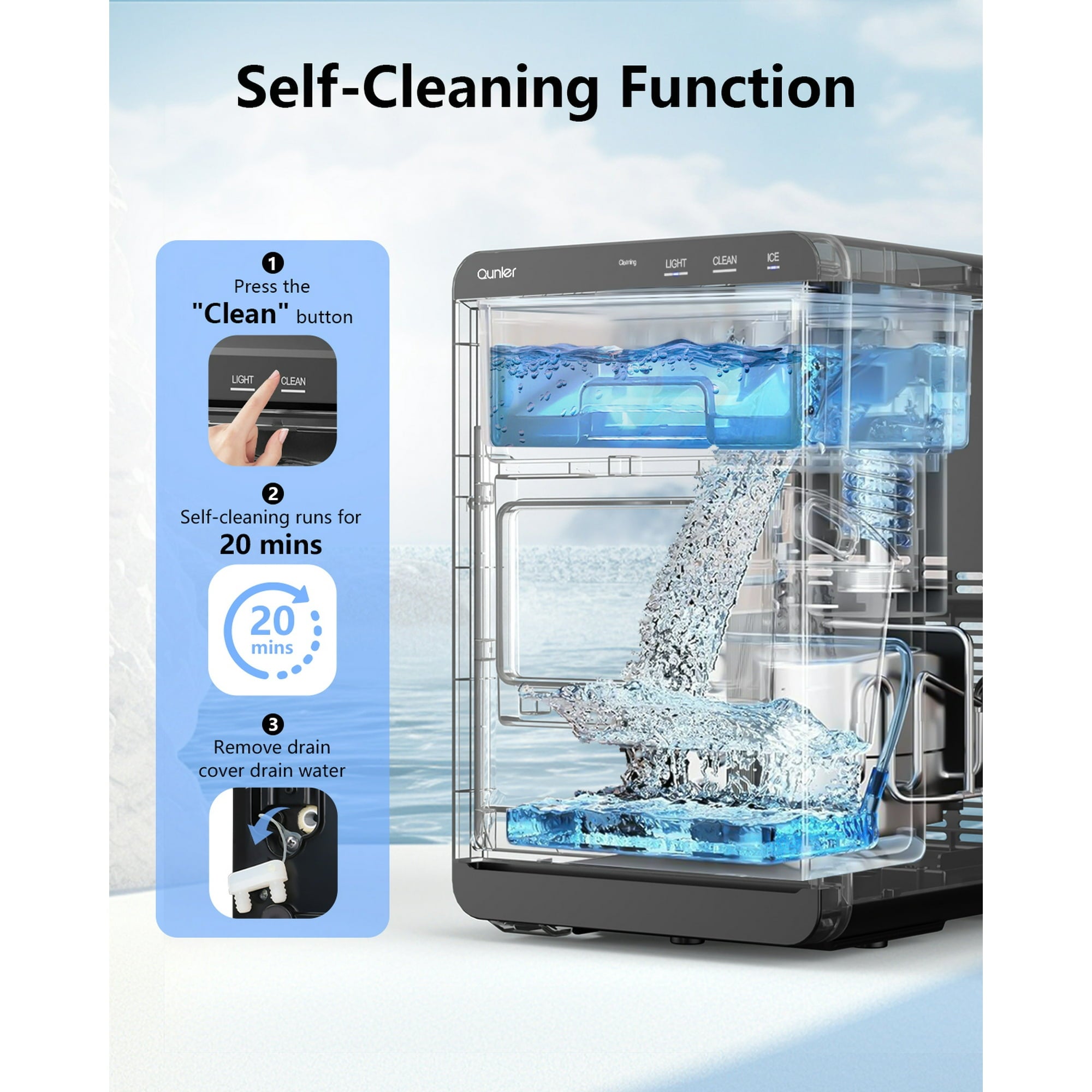 Qunler Nugget Ice Maker Countertop, 44lbs per Day Chewable Pebble Nugget Ice Machine with Touch Screen for Home, Kitchen, Office, Stainless Steel, Black