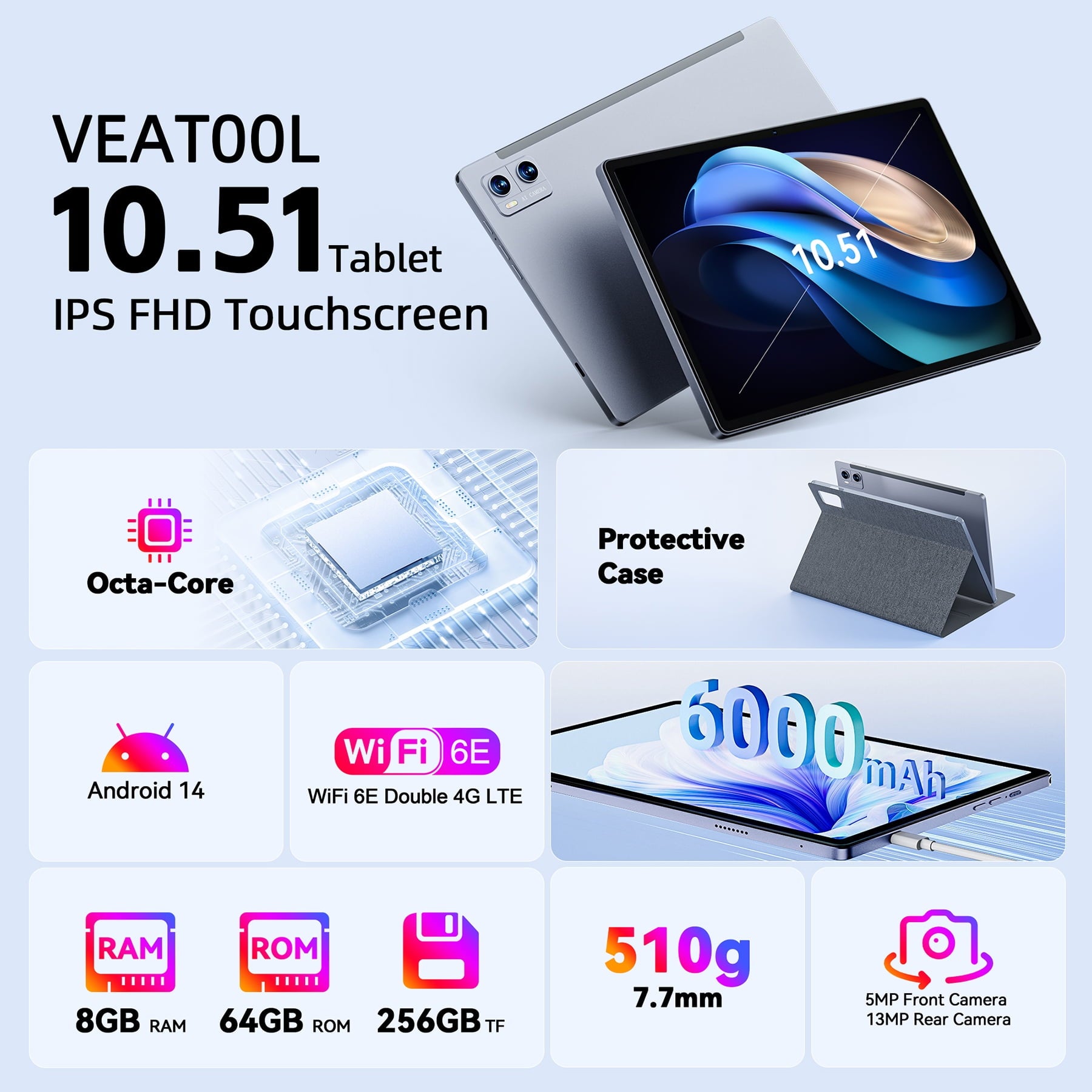VEAT00L Android 14 Tablet ,10.51inch Tablets, Octa Core, 8GB RAM +64GB ROM ( 256GB Expand ), FHD IPS 1920 * 1200,6000mAh Battery, 2.4/5Ghz WiFi,GPS, Dual Sim Slot,Case&Stylus,Widevine L1,Split Screen