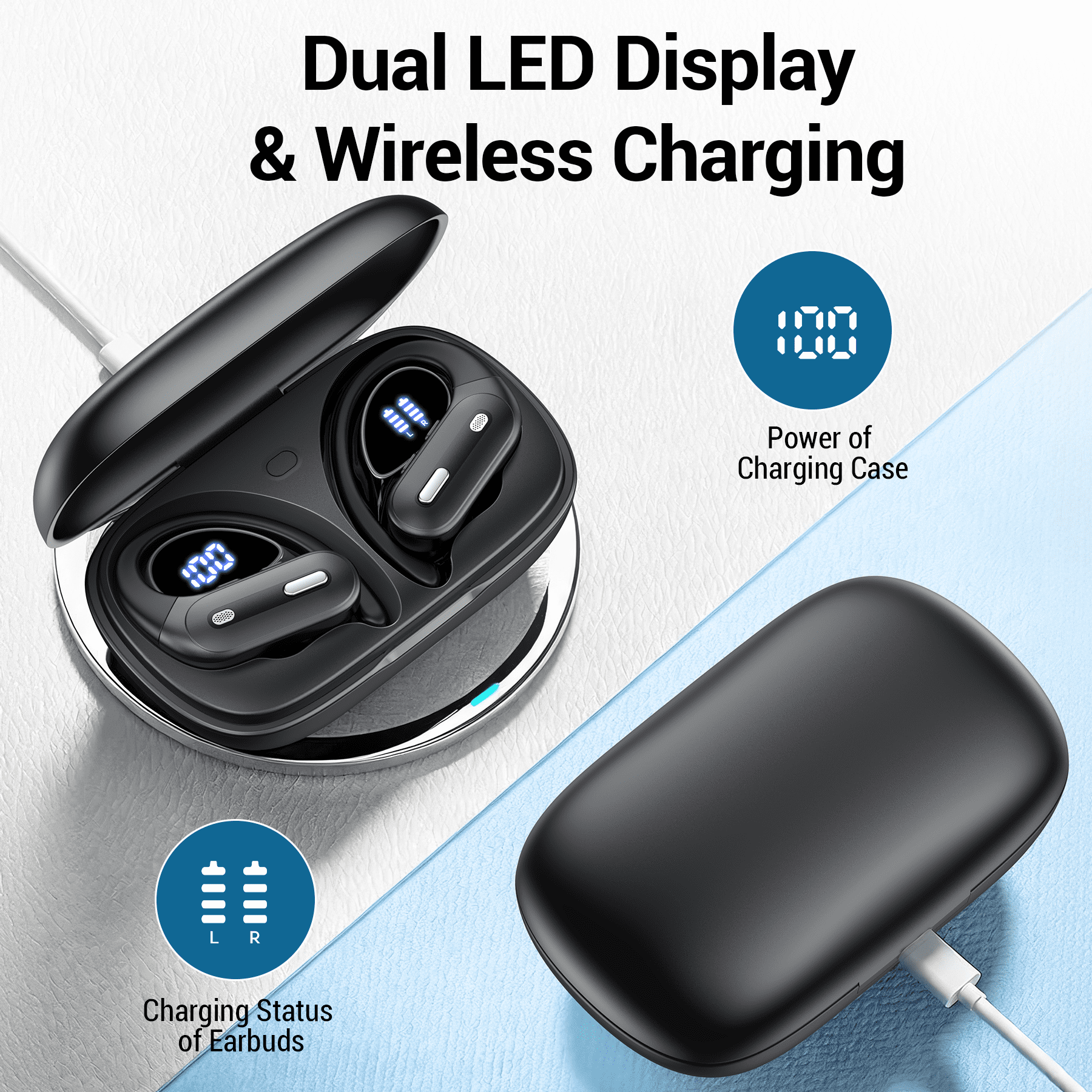 Hybrid Active Noise Cancelling Wireless Ear Buds, 75Hrs Bluetooth 5.3 Headphones IP7 Waterproof for Sport, Running Wireless Earphones with ENC, Deep Bass Over Ear bud with Earhooks for Android, iOS