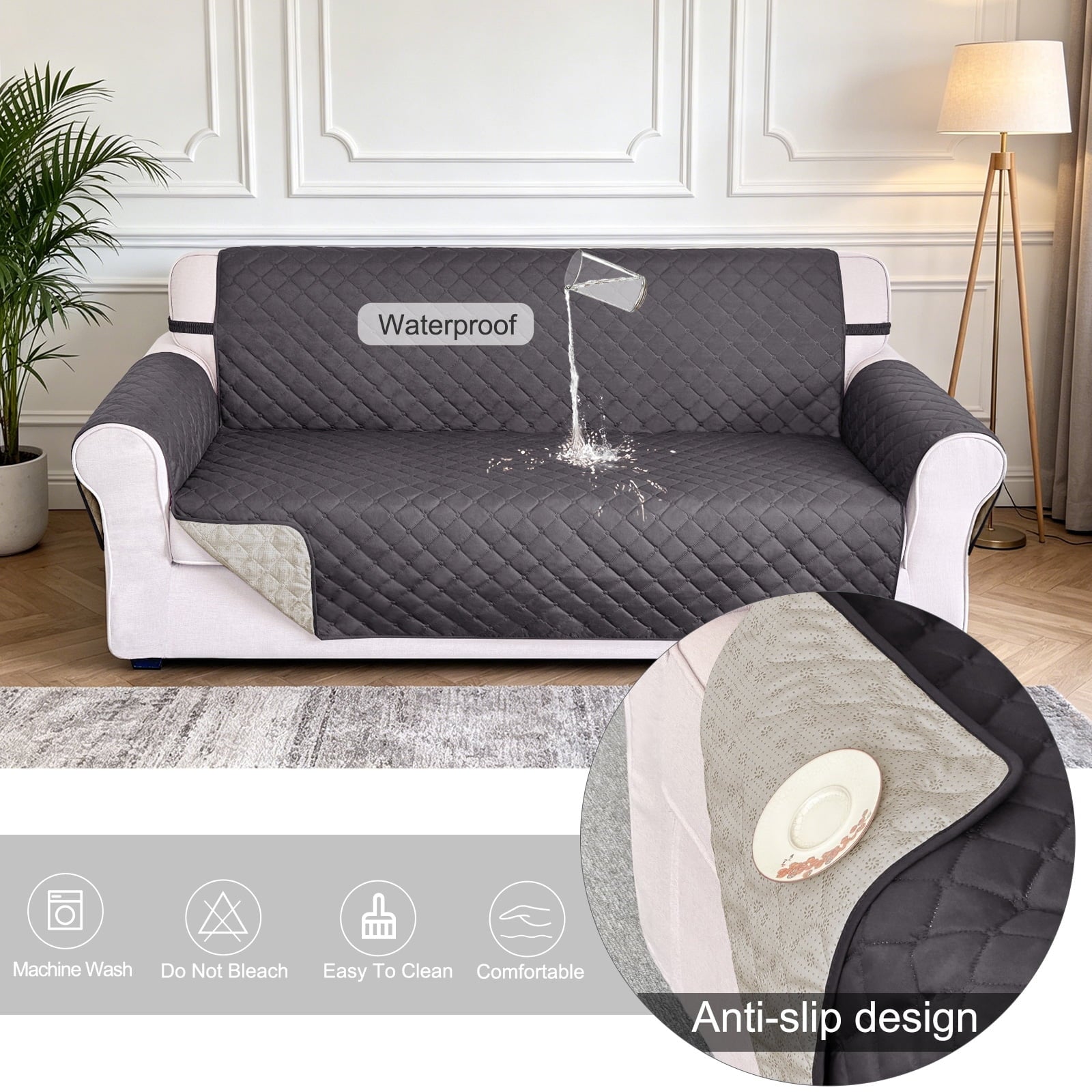U-NICE HOME 100% Waterproof Anti Slip Sofa Cover 3-Seater, Washable, Elastic Straps, Dark Grey