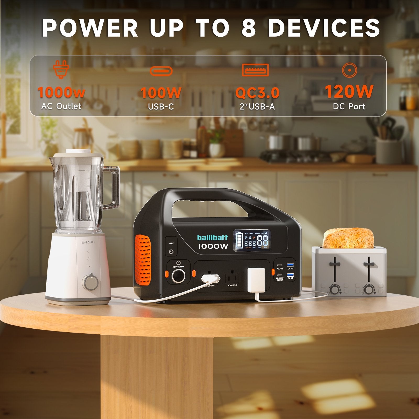 Bailibatt 808Wh Portable Power Station, 1000W Pure Sine Wave AC, PD 100W USB‑C, DC Car Port, Solar Charging for Camping and Home Backup
