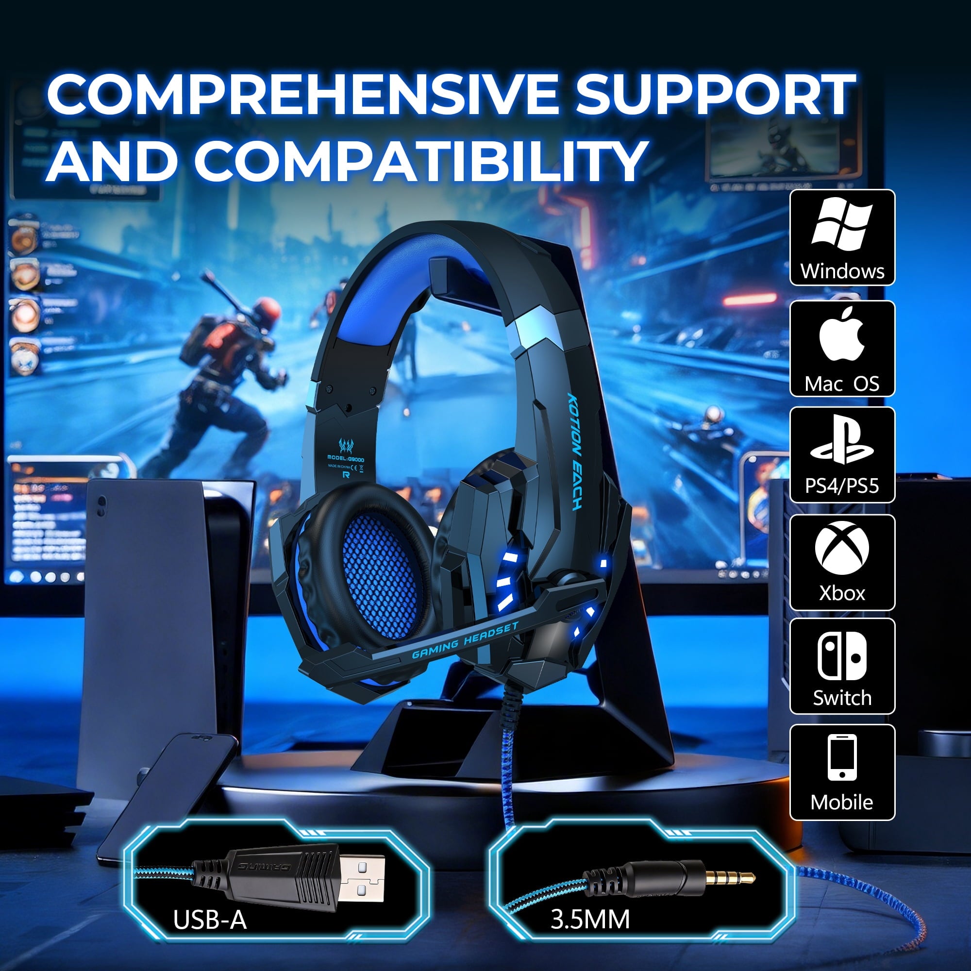 Gaming Headset with Microphone, Compatible with PS4 PS5 Xbox One PC Laptop, Over-Ear Headphones with LED Light, Noise Canceling Mic, 7.1 Stereo Surround Sound,Soft Earmuffs for Nintendo Series X|S