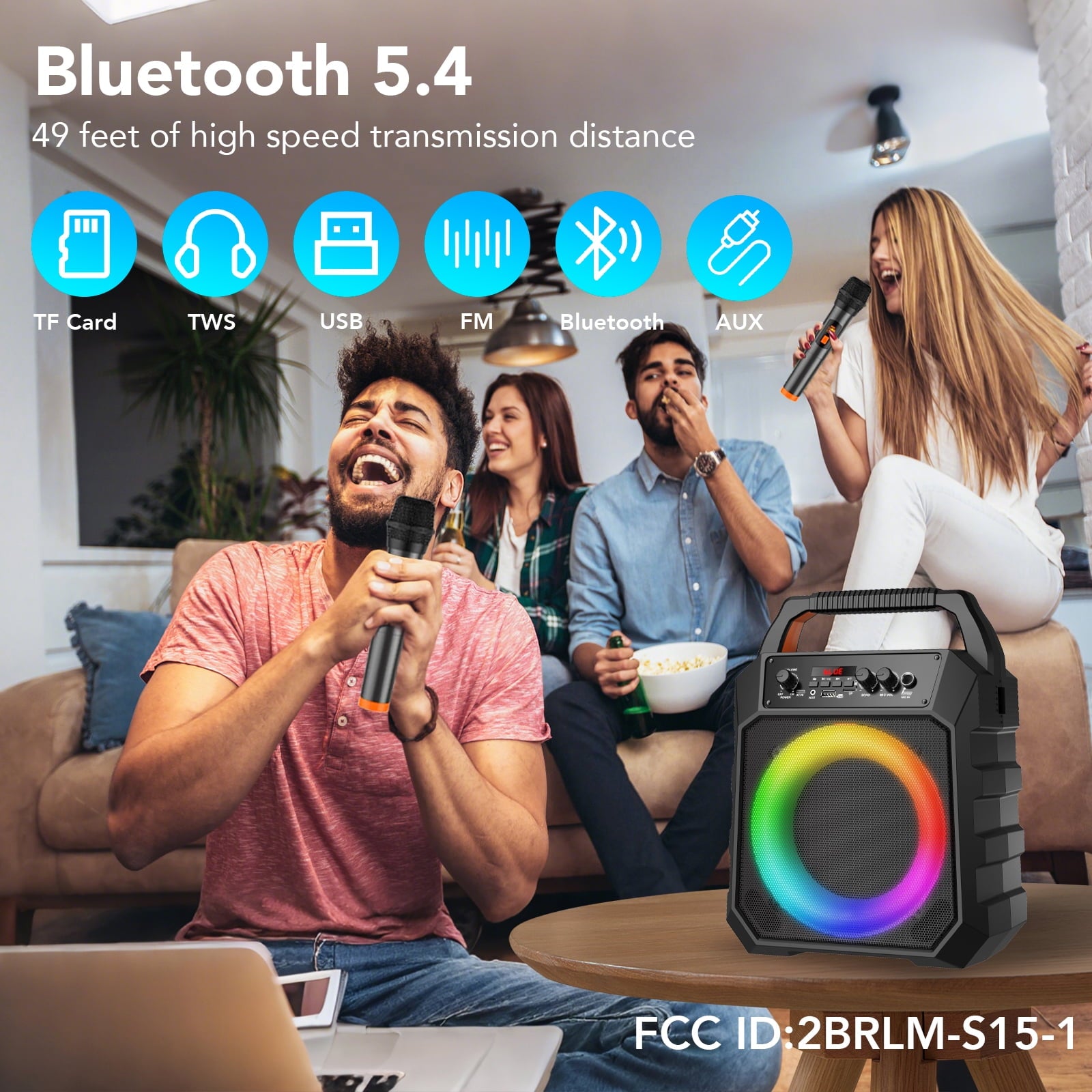 Karaoke Machine for Adults Kids, Karaoke Speaker with 2 Microphone, Portable Bluetooth Speaker with DJ Lights for Party, Support USB