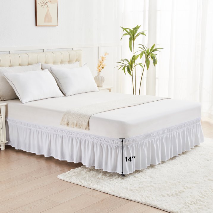 U-NICE HOME Queen 14" Drop Wrap Around Bed Skirt - Elastic Pleated Wrinkle Resistant, White