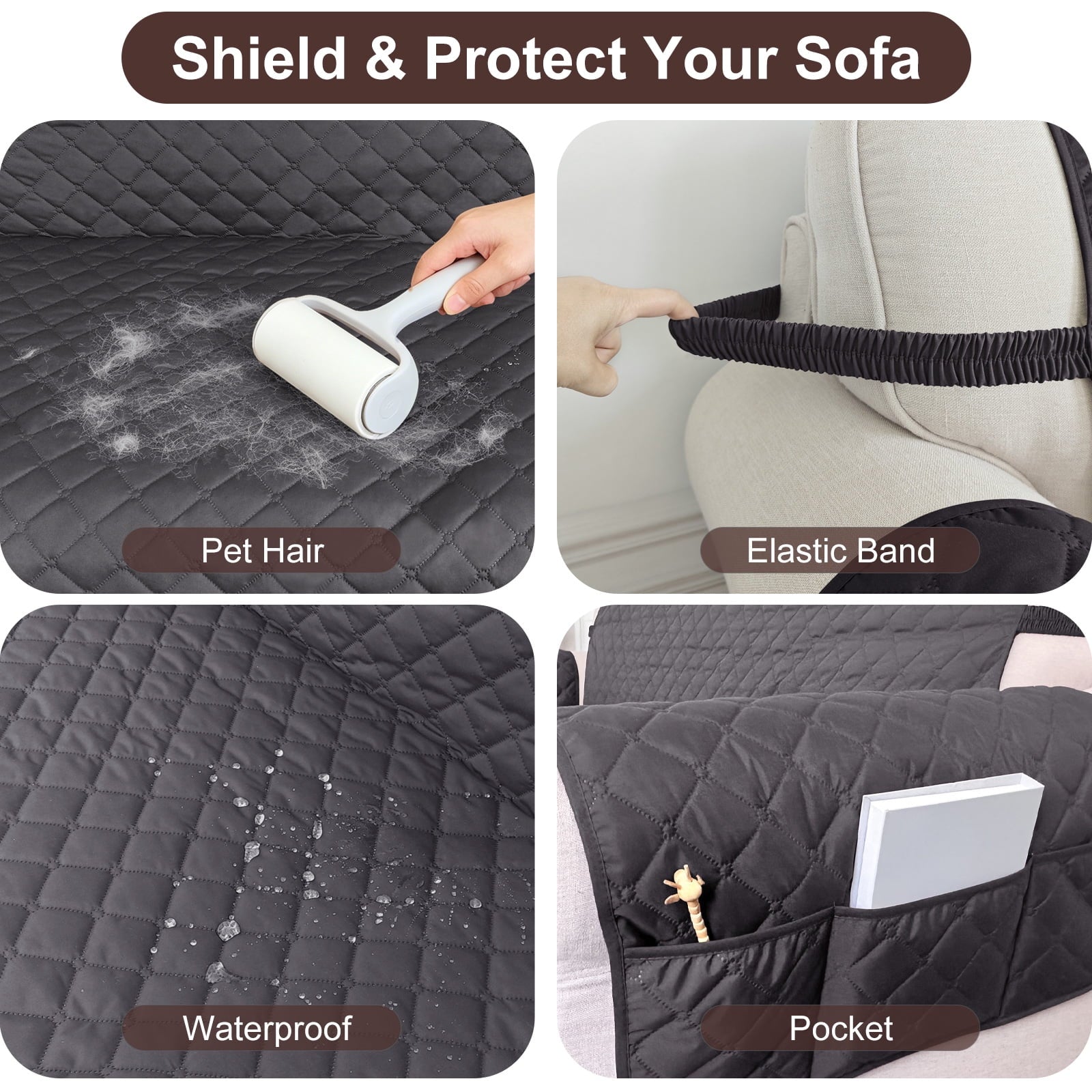 U-NICE HOME 100% Waterproof Anti Slip Sofa Cover 3-Seater, Washable, Elastic Straps, Dark Grey