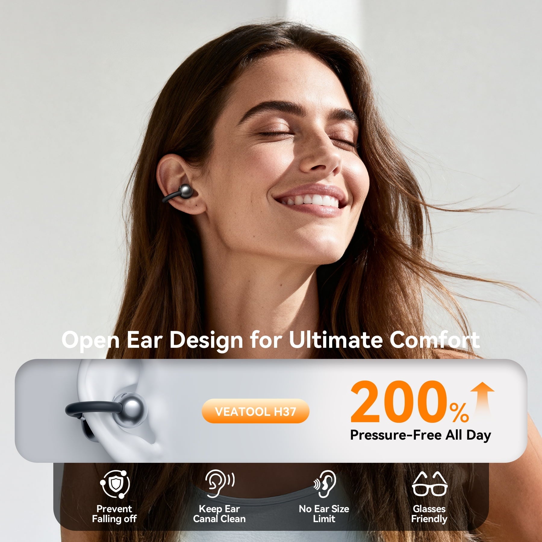 VEATOOL Clip On Earbuds,Bluetooth 5.4 Lightweight Comfort Bone Conduction Open Ear Headphones with LED Digital Display,Noise Cancelling Headphones, IPX7 Suitable for Small Ears and Eyeglass Wearers